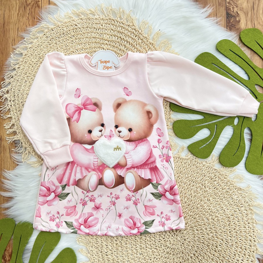 Vestido Manga Longa Ursinhas com Coração de Pelinho - Rosa